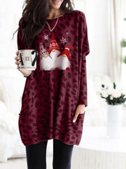 Long Sleeve Pocket Leopard Christmas Print Dress