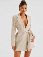 Elegant lapel waist tie mid-length suit dress