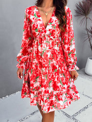 elegant printed V-neck long-sleeved dress
