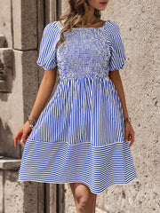 puff sleeve striped skirt lapel short sleeve strappy backless dress