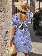 puff sleeve striped skirt lapel short sleeve strappy backless dress