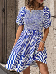 puff sleeve striped skirt lapel short sleeve strappy backless dress