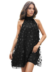 style loose halterneck dress with flower decoration