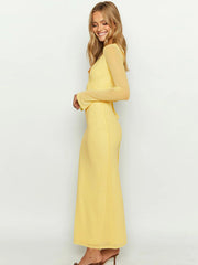 style hollow mesh long sleeves and deep V neck with dress