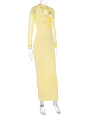 style hollow mesh long sleeves and deep V neck with dress