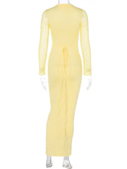 style hollow mesh long sleeves and deep V neck with dress