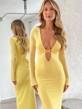 style hollow mesh long sleeves and deep V neck with dress