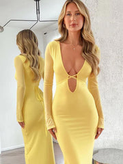 style hollow mesh long sleeves and deep V neck with dress