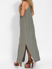 casual cotton and linen slit suspender dress