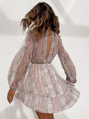 striped printed V-neck waist sweet long-sleeved short dress