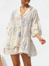 comfortable and simple trumpet sleeve ethnic style loose shirt short dress