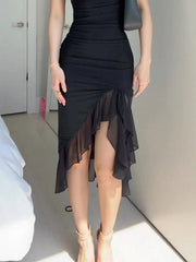 mesh dress with irregular ear-cut waist and elegant pleat design