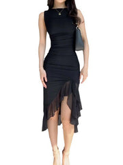 mesh dress with irregular ear-cut waist and elegant pleat design