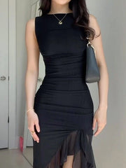 mesh dress with irregular ear-cut waist and elegant pleat design