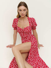 square neck lantern short sleeve printed hem slit long dress