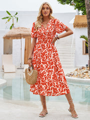 V-neck short-sleeved waist floral print dress
