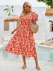 V-neck short-sleeved waist floral print dress