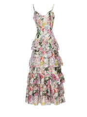 elegant single-breasted suspender printed ruffled dress with full skirt