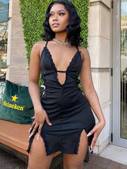 sling hollow street trendy lace splicing slit hip dress