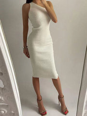 slanted shoulder solid color slim elastic slim fit hip-hugging knitted dress