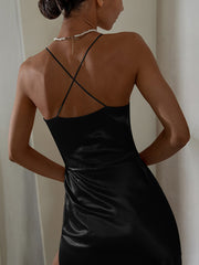 V-neck pleated waist suspender slit midi dress