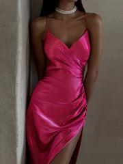 V-neck pleated waist suspender slit midi dress