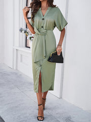 solid color temperament V-neck short-sleeved dress