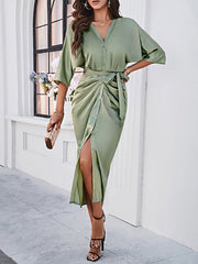 style elegant solid color waist-cinching dress