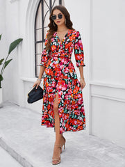 holiday casual printed V-neck slit dress
