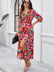 holiday casual printed V-neck slit dress