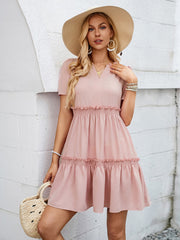 solid color V-neck casual ruffle sleeve dress
