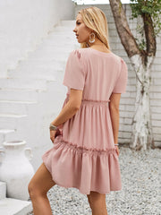 solid color V-neck casual ruffle sleeve dress