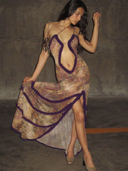 suspender hollow pleated lace slit dress