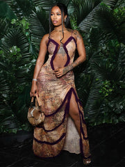 suspender hollow pleated lace slit dress