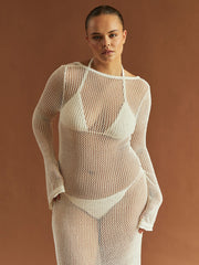 style knitted long-sleeved backless sexy see-through floor-length maxi dress