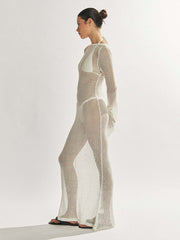 style knitted long-sleeved backless sexy see-through floor-length maxi dress