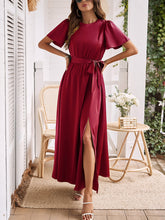 style solid color lace-up slit dress