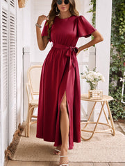 style solid color lace-up slit dress