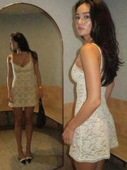 sexy hottie lace see-through dress with hollow straps and hip-covering short style