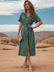 style lapel single breasted green dress
