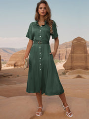 style lapel single breasted green dress