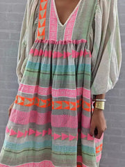 pullover deep V-neck loose puff sleeve colorful casual dress