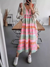 pullover deep V-neck loose puff sleeve colorful casual dress