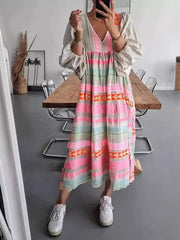 pullover deep V-neck loose puff sleeve colorful casual dress