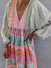 pullover deep V-neck loose puff sleeve colorful casual dress