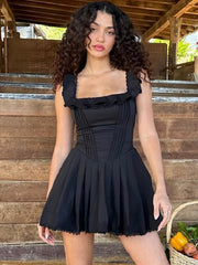 French Style Square Neck Fishbone Corset Dress with Fungus Trim