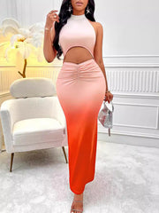 Sexy High Neck Gradient Hollow Sleeveless Dress