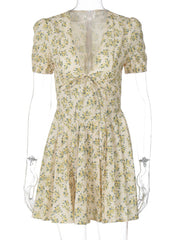 Sexy Deep V Slim Waist Short Sleeve Medium Pleated Floral Dress