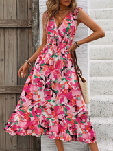 Sleeveless Sweet Belted V-Neck Printed Dress