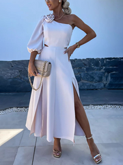 casual party slanted shoulder slit double layer dress